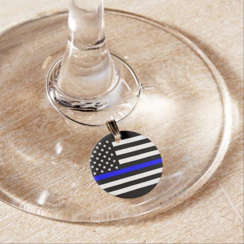 Thin Blue Line American Flag Graphic Decor Wine Glass Charm