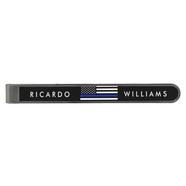 Thin Blue Line American Flag Gunmetal Finish Tie Clip (Front)