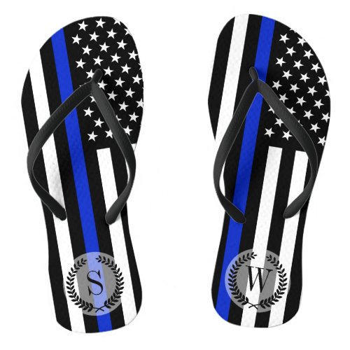 Thin Blue Line American Flag Monogram Flip Flops