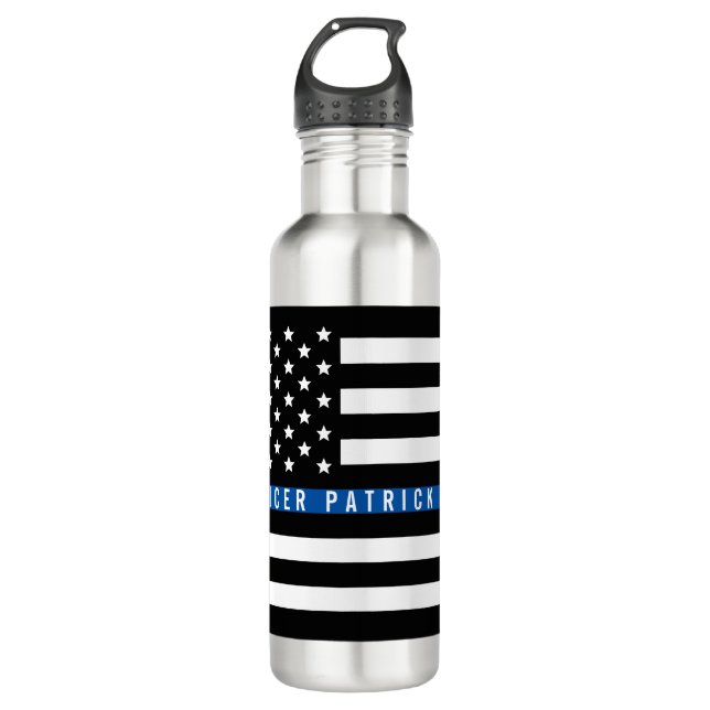 Thin Blue Line American Flag Monogram Stainless Steel Water Bottle (Front)
