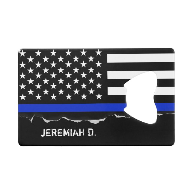 Thin Blue Line American Flag Personalized Credit Card Bottle Opener (Front (Horizontal))
