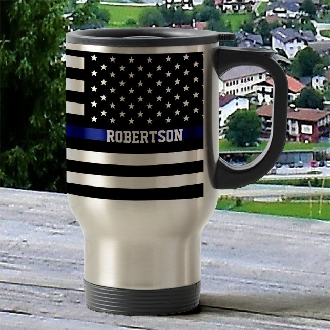 Thin Blue Line - American Flag Personalized Custom Travel Mug (Creator Uploaded)