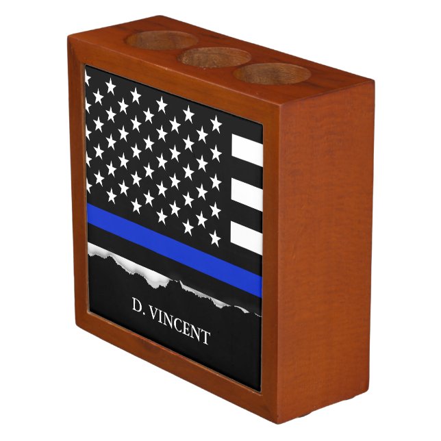 Thin Blue Line American Flag Personalized Pencil Holder (Angled)