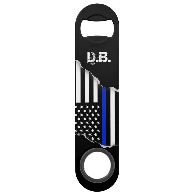 Thin Blue Line American Flag Personalized Speed Bottle Opener (Front)