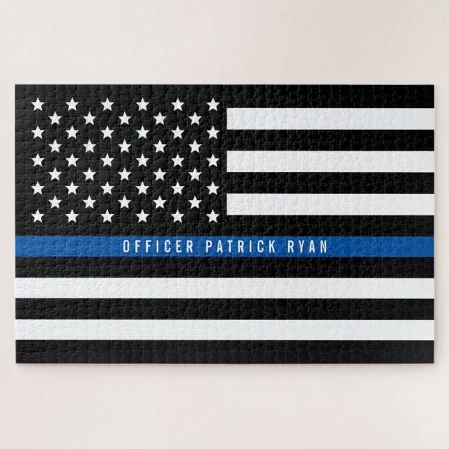 Thin Blue Line American Flag Police Monogram Jigsaw Puzzle (Horizontal)