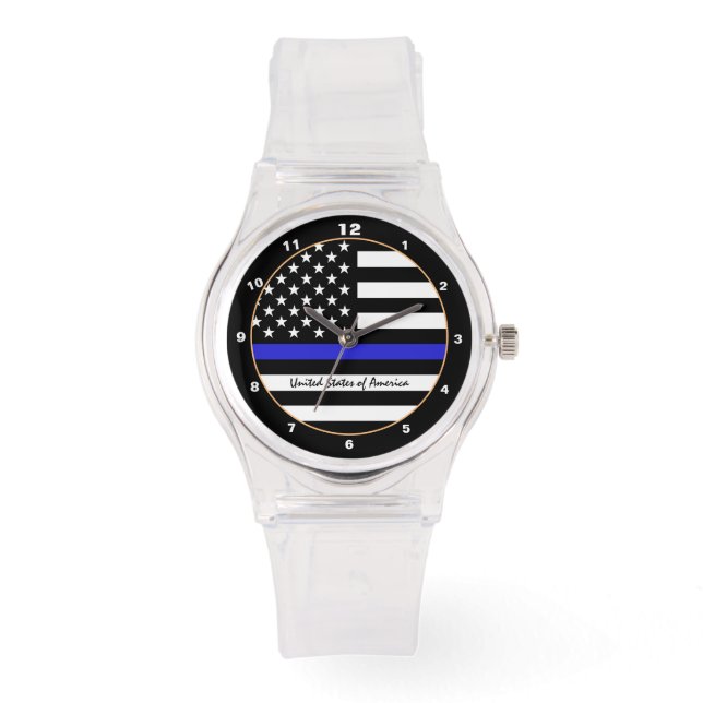 Thin Blue Line & American Flag police / USA clear Watch (Front)