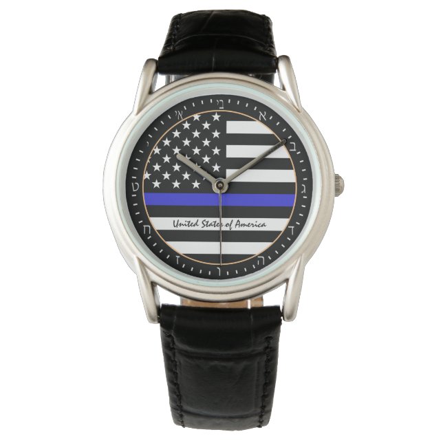 Thin Blue Line & American Flag police / USA Hebrew Watch (Front)