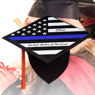 Thin Blue Line & American Flag police / USA office Graduation Cap Topper