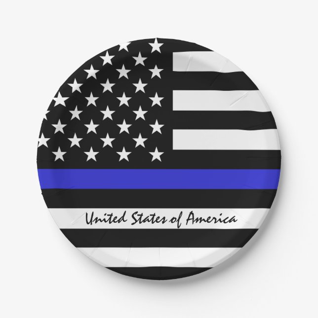 Thin Blue Line & American Flag police / USA office Paper Plates (Front)