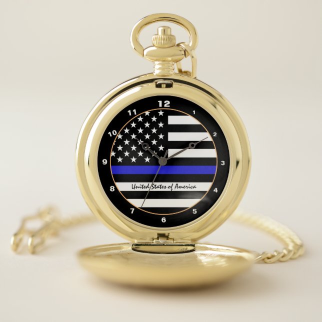 Thin Blue Line & American Flag police / USA office Pocket Watch (Inside)