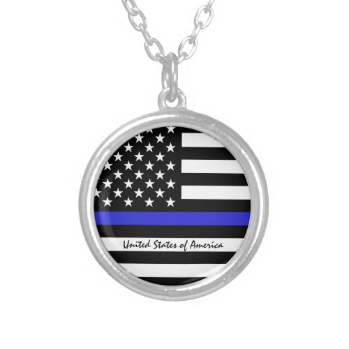 Thin Blue Line  American Flag police  USA office Silver Plated Necklace