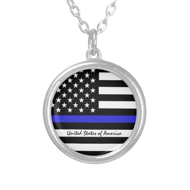 Thin Blue Line & American Flag police / USA office Silver Plated Necklace (Front)