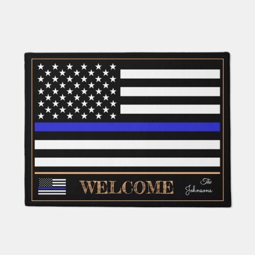Thin Blue Line  American Flag police Welcome USA Doormat