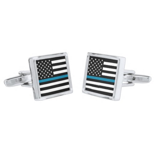 Thin Blue Line American Flag Silver Cufflinks