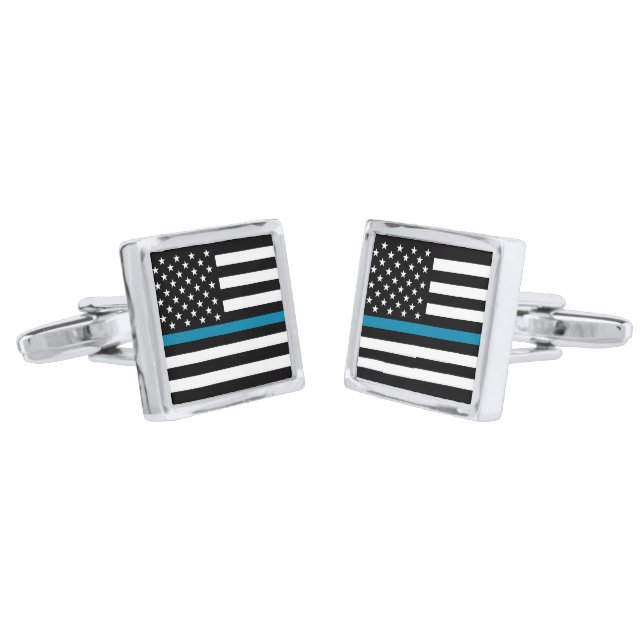 Thin Blue Line American Flag Silver Cufflinks (Angled)