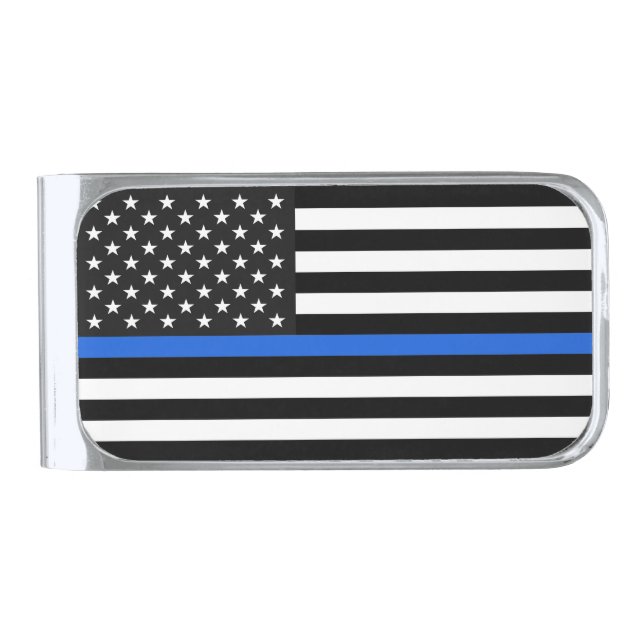 Thin Blue Line American Flag Silver Finish Money Clip (Front)