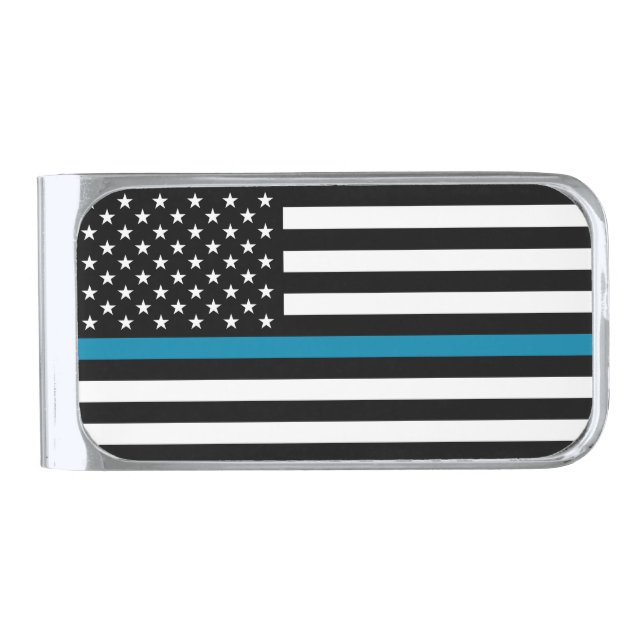 Thin Blue Line American Flag Silver Finish Money Clip (Front)