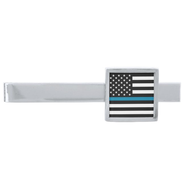 Thin Blue Line American Flag Silver Finish Tie Bar (Front)