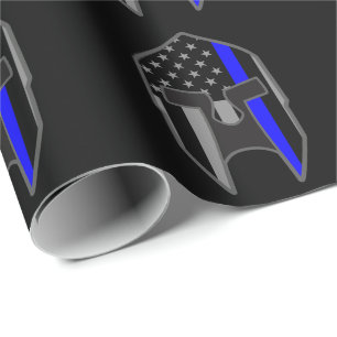 THIN BLUE LINE American Flag Spartan Helmet Wrap Wrapping Paper