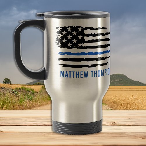 Thin Blue Line _ American Flag USA _ Police  Travel Mug