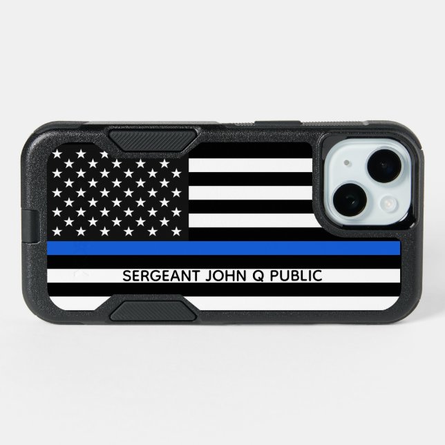 Thin Blue Line American Flag w/ Name iPhone 15 Case (Back Horizontal)