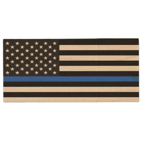 Thin Blue Line American Flag Wood USB Flash Drive