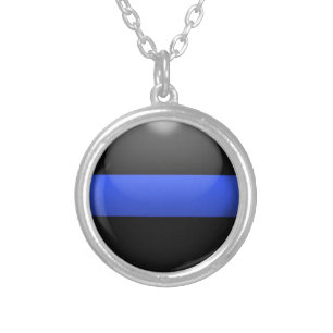 Thin Blue Line Button Silver Plated Necklace