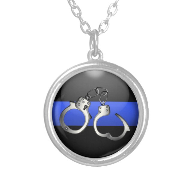 Thin Blue Line Button with Handcuffs Silver Plated Necklace (Front)