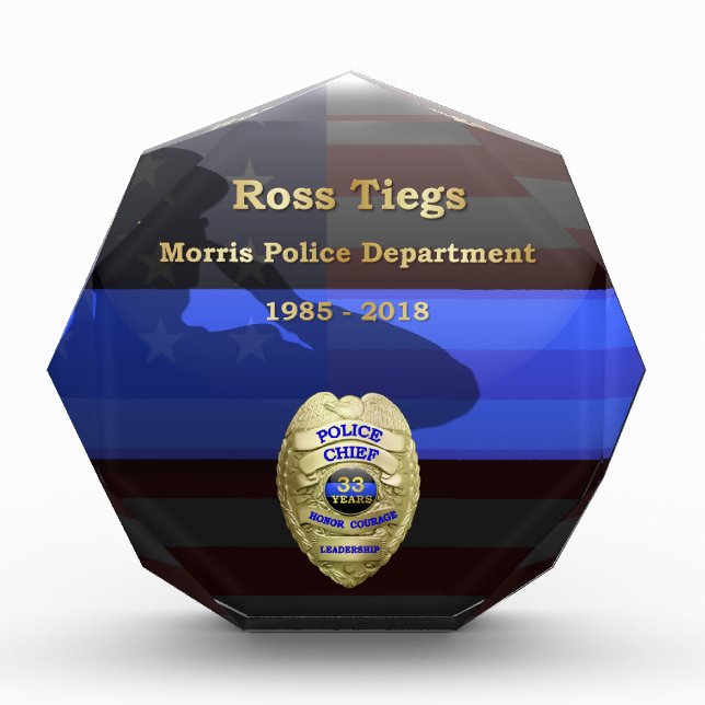 Thin Blue Line - Chief Gold 33 yr Retirement Badge Acrylic Award (Front)
