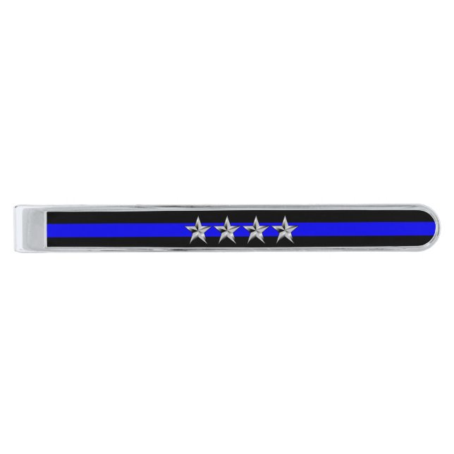 Thin Blue Line Chief Stars Rank Silver Finish Tie Bar (Front)