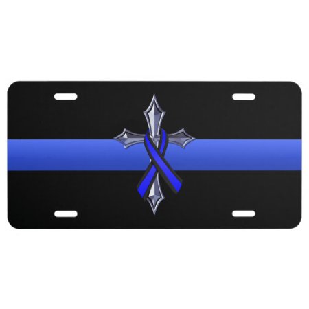 Thin Blue Line Cross And Ribbon License Plate