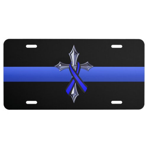 Thin Blue Line Cross and Ribbon License Plate