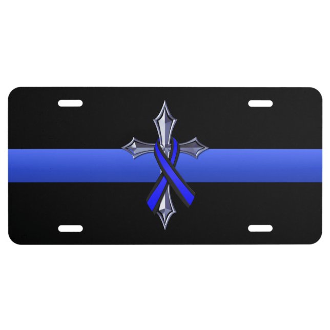 Thin Blue Line Cross and Ribbon License Plate (Front)