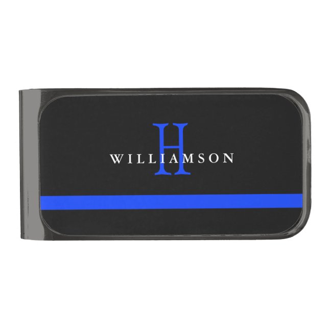 Thin Blue Line Custom Monogram Gunmetal Finish Money Clip (Front)