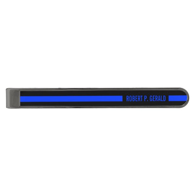Thin Blue Line Custom Name Serviceman Gunmetal Finish Tie Clip (Front)