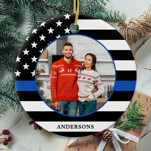 Thin Blue Line Custom Photo Police Christmas Ceramic Ornament