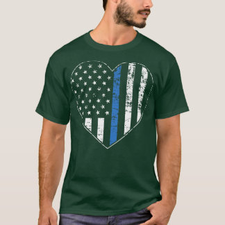 Thin Blue Line Distressed American Flag Heart T-Shirt