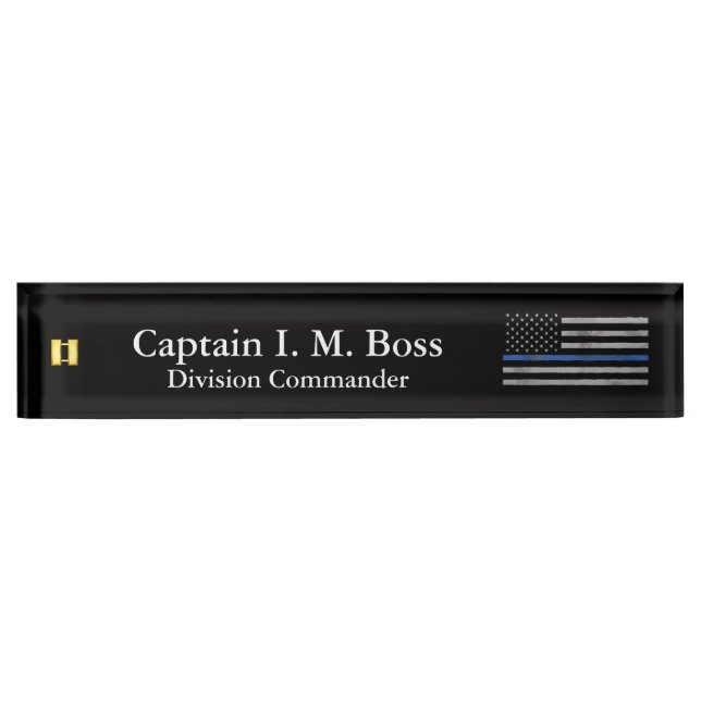 Thin Blue Line - Distressed Tattered Flag Nameplat Desk Name Plate (Front)