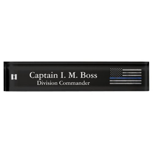 Thin Blue Line _ Distressed Tattered Flag Nameplat Desk Name Plate