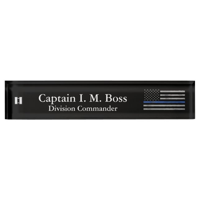 Thin Blue Line - Distressed Tattered Flag Nameplat Desk Name Plate (Front)