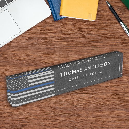 Thin Blue Line Faux Leather Police Officer  Desk Name Plate