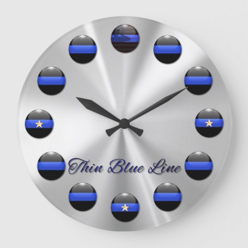 Thin Blue Line Flag and Stars Inlay Buttons Large Clock