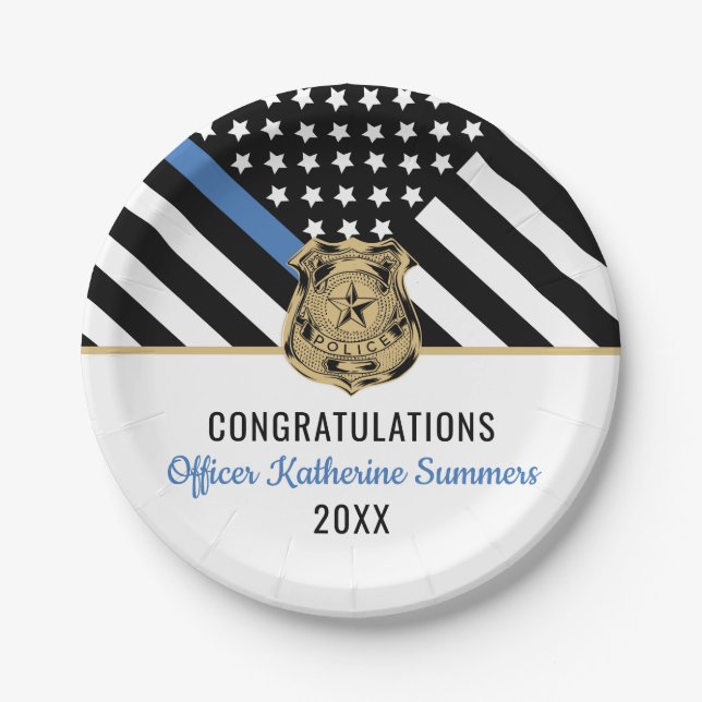 Thin Blue Line Flag Congrats Police Graduation Paper Plates (Front)