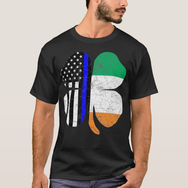 Thin Blue Line Flag Irish American St Patricks T-Shirt (Front)