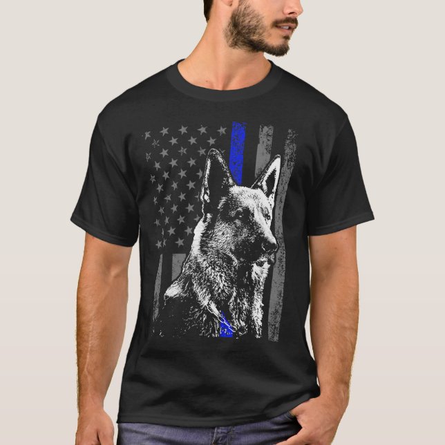 Thin Blue Line Flag K 9 German Shepherd Police Dog T-Shirt (Front)