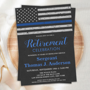 Thin Blue Line Flag Leather Police Retirement Invitation by BlackDogArtJudy at Zazzle