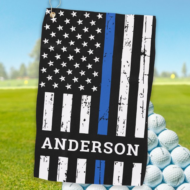 Thin Blue Line Flag Personalized Name Police Golf Towel (Creator Uploaded)