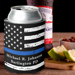 Thin Blue Line Flag Personalized Police Officer  Can Cooler