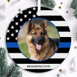 Thin Blue Line Flag Photo K9 Police Dog Christmas Metal Ornament<br><div class="desc">Thin Blue Line Police Dog Christmas Ornament. This police christmas ornament will be a treasured keepsake. Ornament is double sided, you can do 2 favorite photos, one on each side. Perfect for police K9 officers, police officer and , family and law enforcement. Personalize name on the front, and date on...</div>