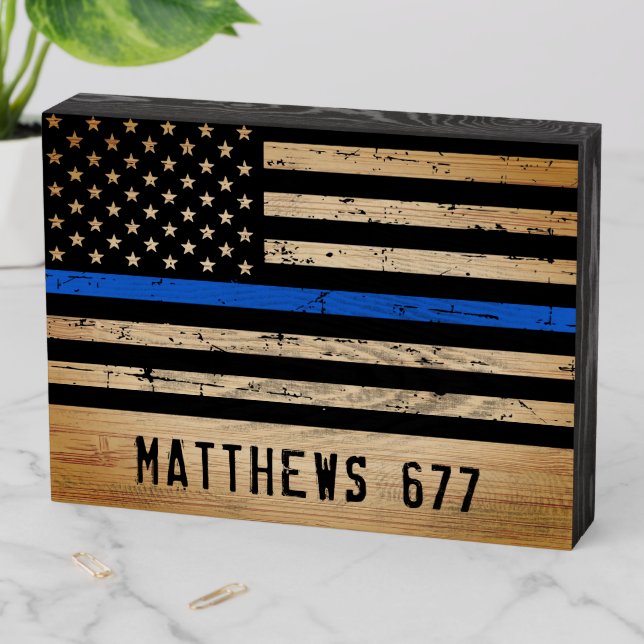 Thin Blue Line Flag Police Name Badge Number Wooden Box Sign (In Situ Horizontal)